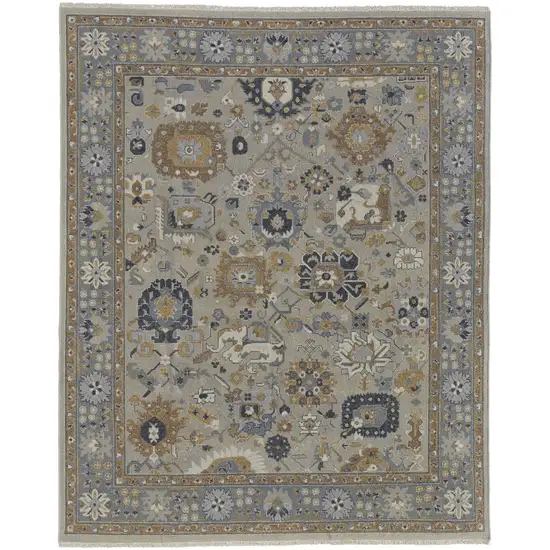 Gray and Brown Wool Oriental Hand Knotted Area Rug With Fringe Photo 5