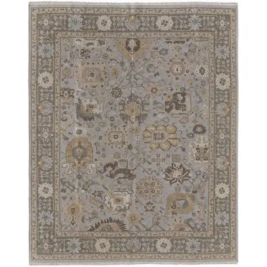 Gray and Brown Wool Oriental Hand Knotted Area Rug With Fringe Photo 5