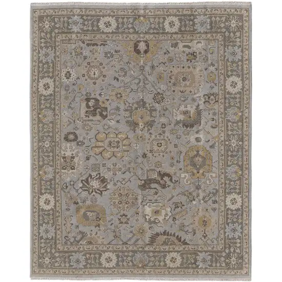 Gray and Brown Wool Oriental Hand Knotted Area Rug With Fringe Photo 4