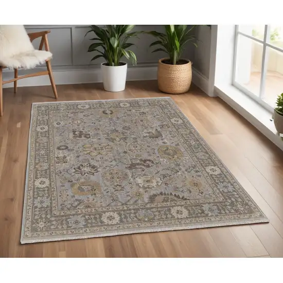 Gray and Brown Wool Oriental Hand Knotted Area Rug With Fringe Photo 1