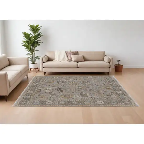 Gray and Brown Wool Oriental Hand Knotted Area Rug With Fringe Photo 1