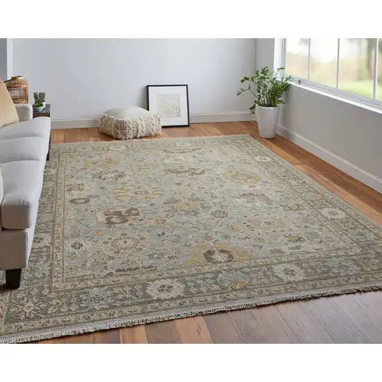 Gray and Brown Wool Oriental Hand Knotted Area Rug With Fringe Photo 9