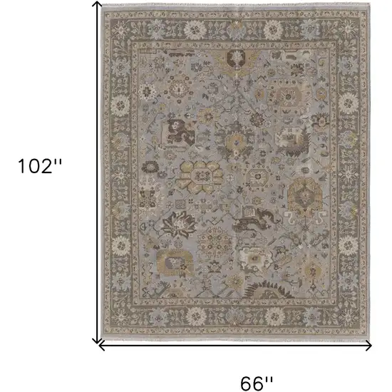 Gray and Brown Wool Oriental Hand Knotted Area Rug With Fringe Photo 3