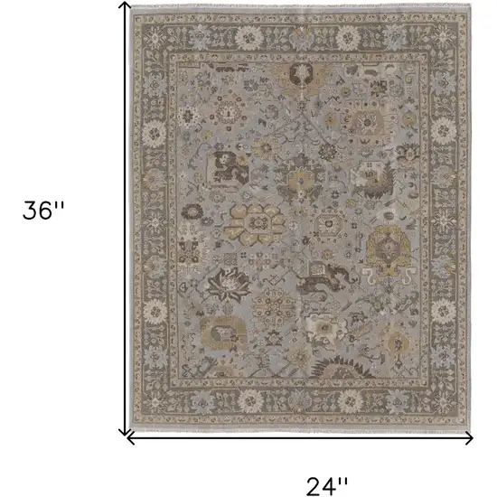 Gray and Brown Wool Oriental Hand Knotted Area Rug With Fringe Photo 3