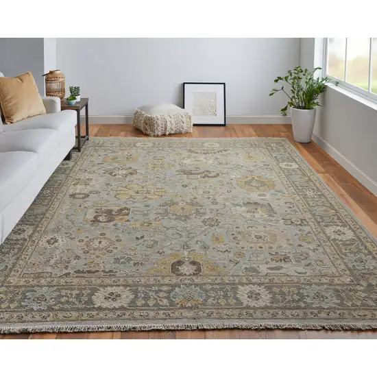 Gray and Brown Wool Oriental Hand Knotted Area Rug With Fringe Photo 7