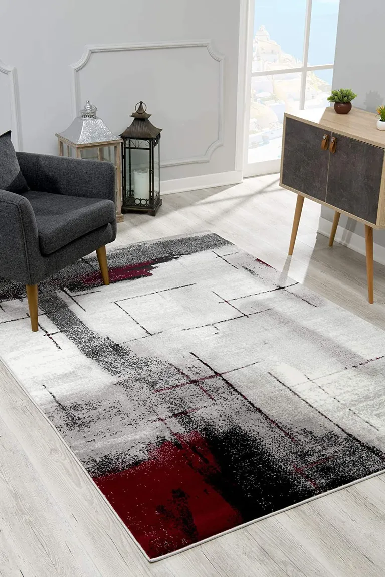 Gray and Burgundy Abstract Area Rug Photo 4