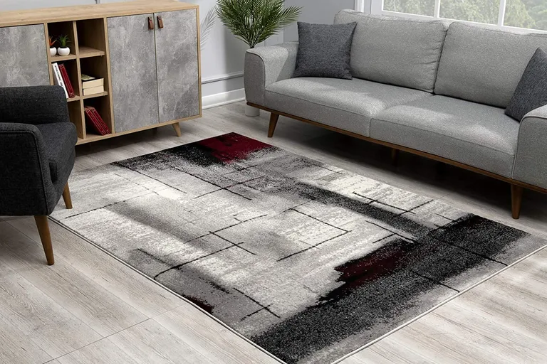 Gray and Burgundy Abstract Area Rug Photo 5