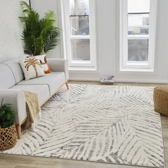 Gray and Cream Botanical Leaves Area Rug Photo 3