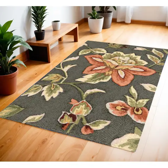 Gray and Cream Botanical Leaves Hand Carved Handmade Area Rug Photo 2