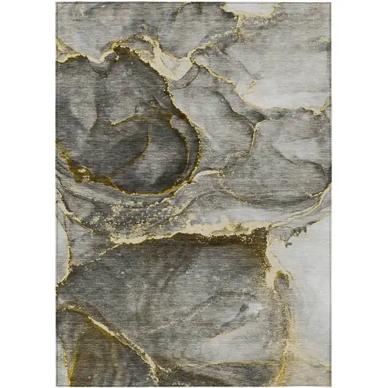 Gray and Gold Abstract Washable Non Skid Indoor Outdoor Area Rug Photo 2