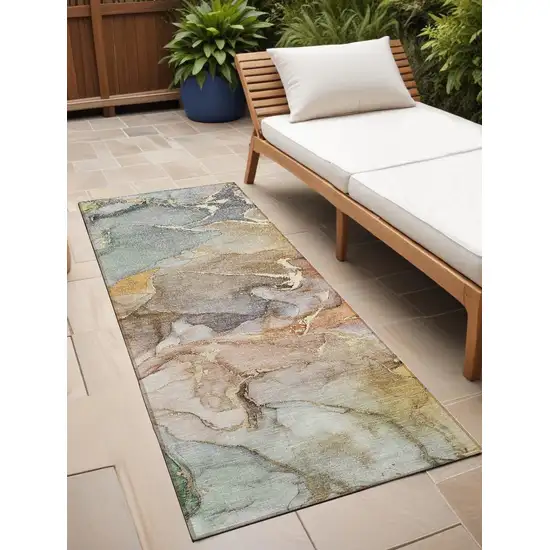 Gray and Gold Abstract Washable Non Skid Indoor Outdoor Runner Rug Photo 1