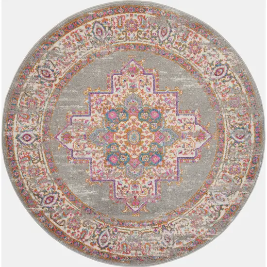 8' Gray And Gold Medallion Distressed Round Rug Photo 2