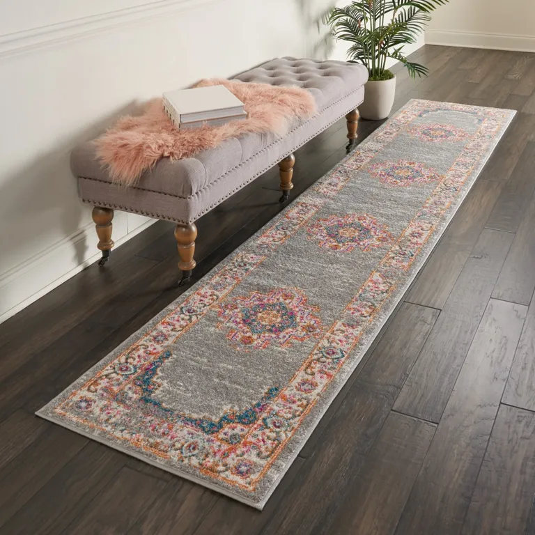 Gray and Gold Medallion Runner Rug Photo 5