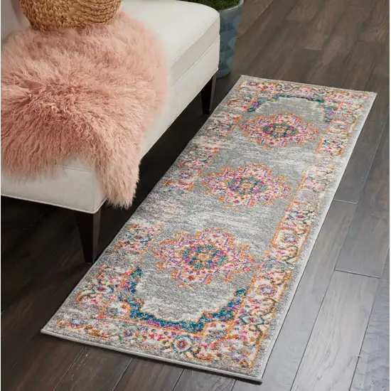 Gray and Gold Medallion Runner Rug Photo 5