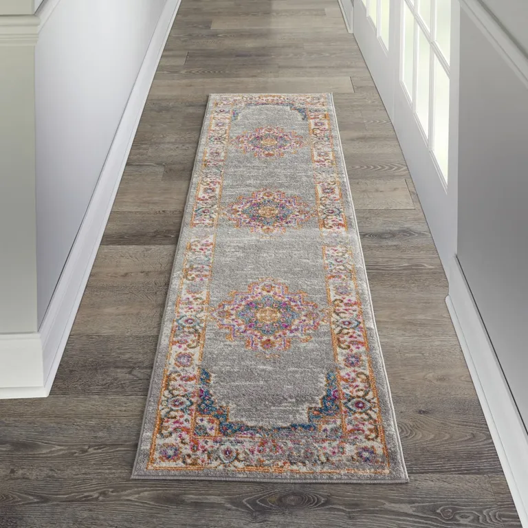 Gray and Gold Medallion Runner Rug Photo 5