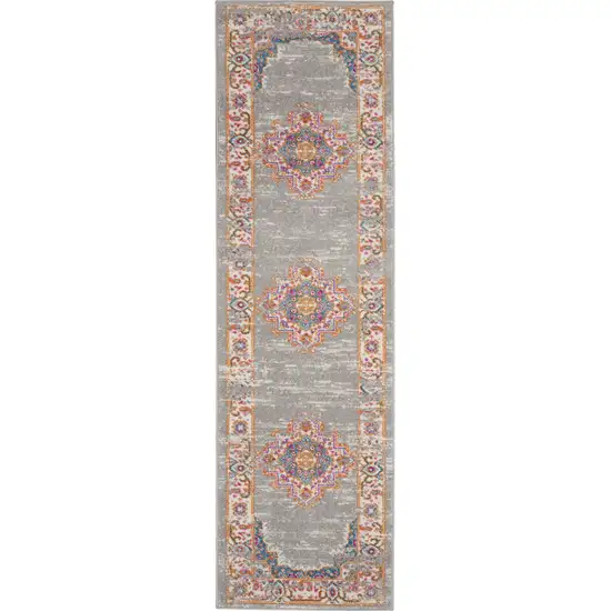 8' Gray And Gold Medallion Distressed Runner Rug Photo 2