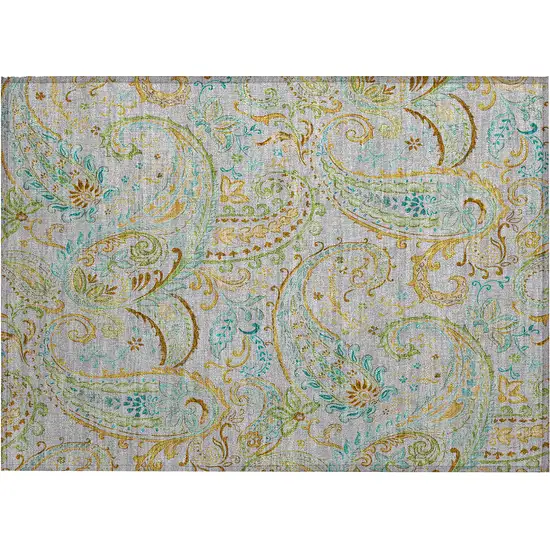 Gray and Gold Paisley Washable Non Skid Indoor Outdoor Area Rug Photo 2