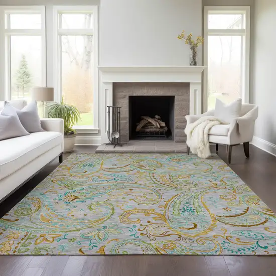 Gray and Gold Paisley Washable Non Skid Indoor Outdoor Area Rug Photo 9