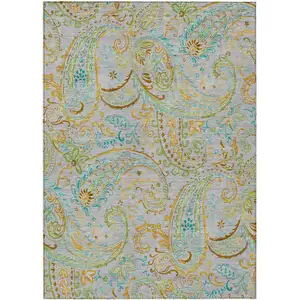 Photo of Gray and Gold Paisley Washable Non Skid Indoor Outdoor Area Rug