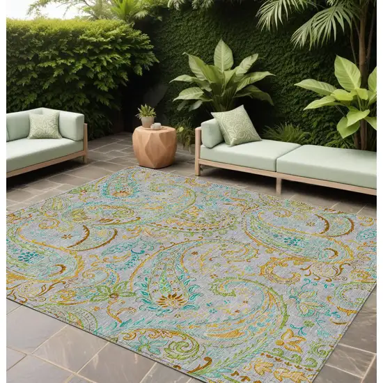 Gray and Gold Paisley Washable Non Skid Indoor Outdoor Area Rug Photo 1