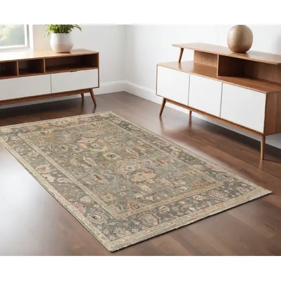 Gray and Gold Wool Oriental Hand Knotted Area Rug With Fringe Photo 1