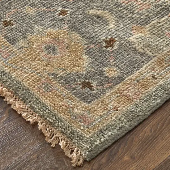 Gray and Gold Wool Oriental Hand Knotted Area Rug With Fringe Photo 7