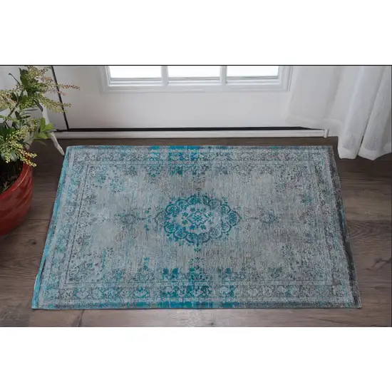 Gray and Green Medallion Non Skid Area Rug Photo 1