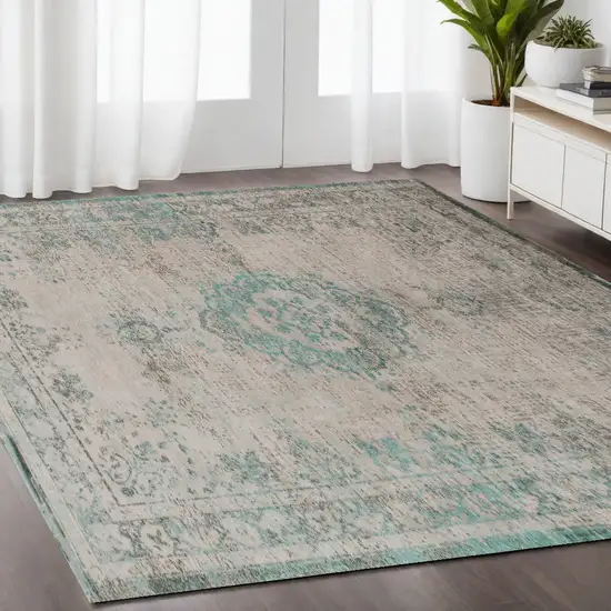 Gray and Green Medallion Non Skid Area Rug Photo 1