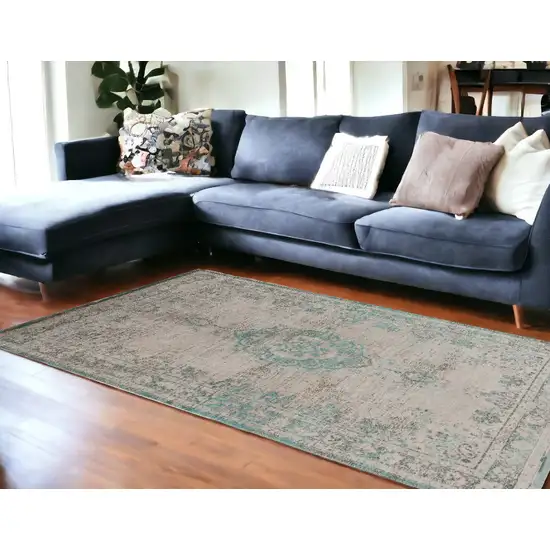 Gray and Green Medallion Non Skid Area Rug Photo 1