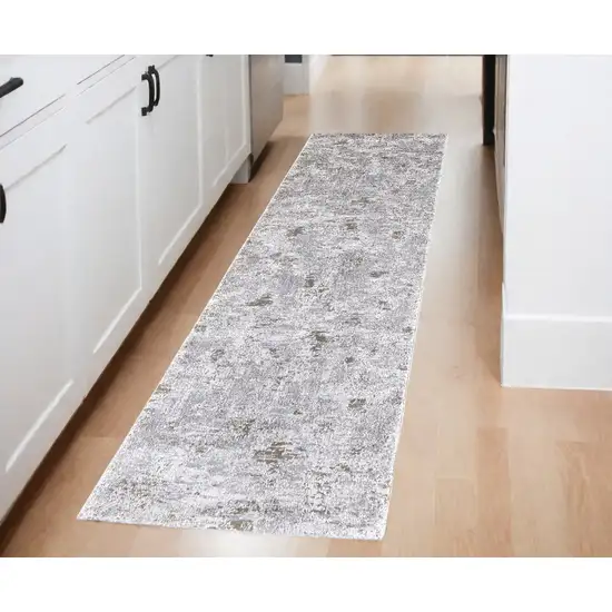 Gray and Ivory Abstract Power Loom Distressed Runner Rug Photo 1