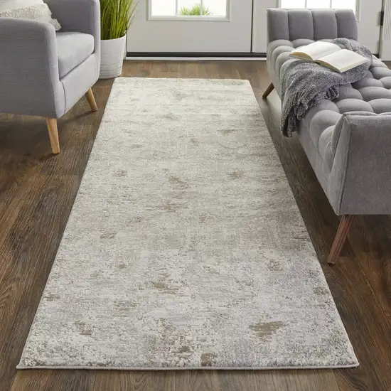 Gray and Ivory Abstract Power Loom Distressed Runner Rug Photo 6