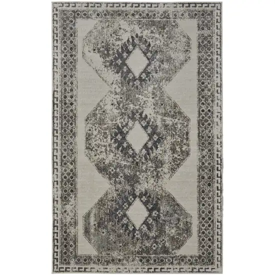 Gray and Ivory Abstract Power Loom Worn Faded Area Rug Photo 4