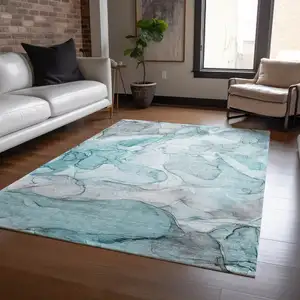 Photo of Gray and Ivory Abstract Washable Non Skid Indoor Outdoor Area Rug