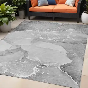 Photo of Gray and Ivory Abstract Washable Non Skid Indoor Outdoor Area Rug