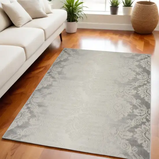 Gray and Ivory Damask Distressed Non Skid Area Rug Photo 1