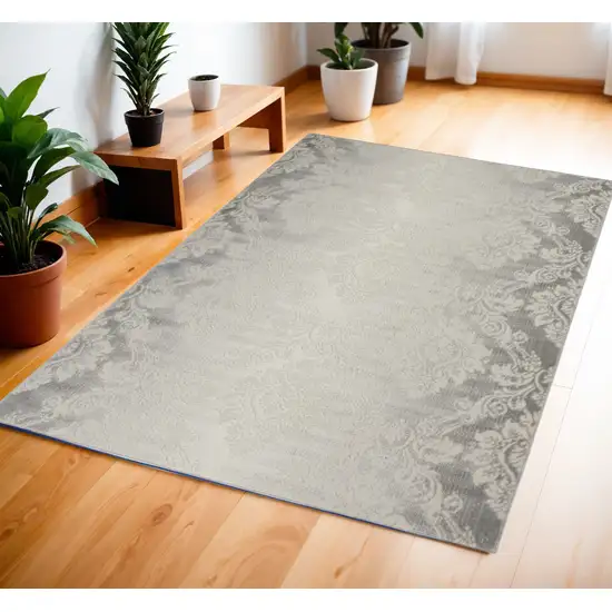 Gray and Ivory Damask Distressed Non Skid Area Rug Photo 1