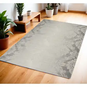 Photo of Gray and Ivory Damask Distressed Non Skid Area Rug