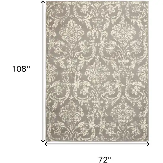 Gray and Ivory Damask Power Loom Distressed Area Rug Photo 3