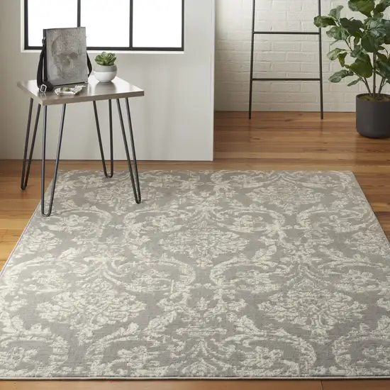 Gray and Ivory Damask Power Loom Distressed Area Rug Photo 7