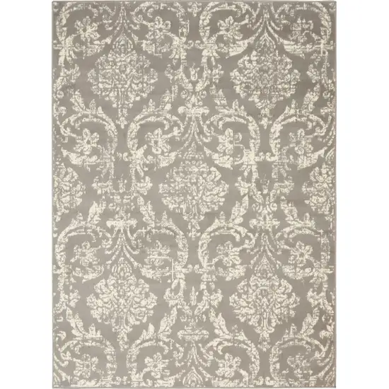 Gray and Ivory Damask Power Loom Distressed Area Rug Photo 2