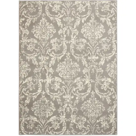 Gray and Ivory Damask Power Loom Distressed Area Rug Photo 4