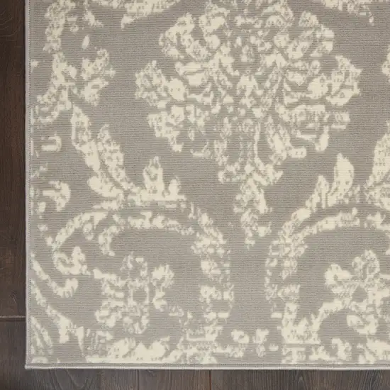 Gray and Ivory Damask Power Loom Distressed Area Rug Photo 9