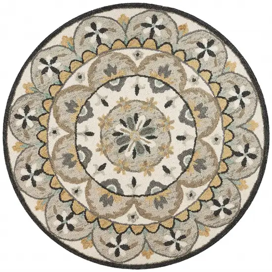 6' Gray and Ivory Round Wool Floral Handmade Area Rug Photo 8