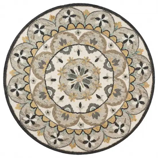 6' Gray and Ivory Round Wool Floral Handmade Area Rug Photo 9