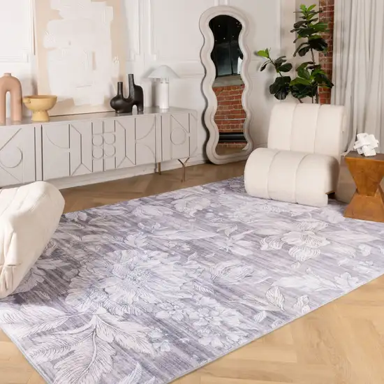 Gray and Ivory Floral Distressed Area Rug Photo 3