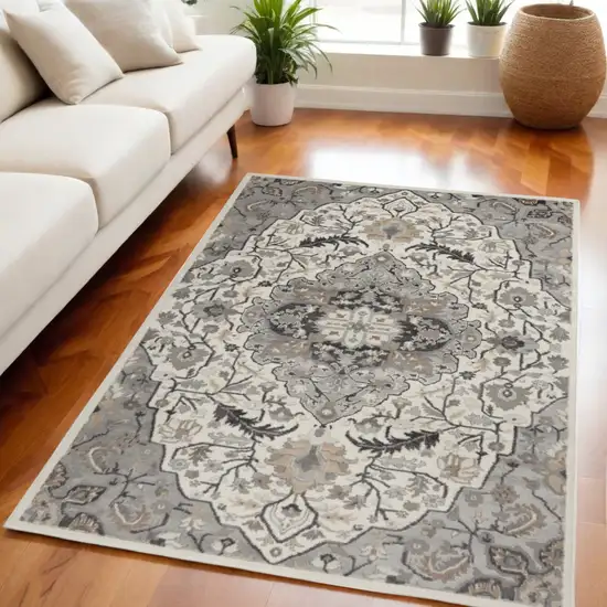 Gray and Ivory Floral Non Skid Area Rug Photo 1