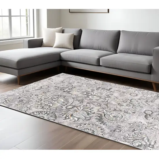 Gray and Ivory Floral Power Loom Area Rug Photo 1