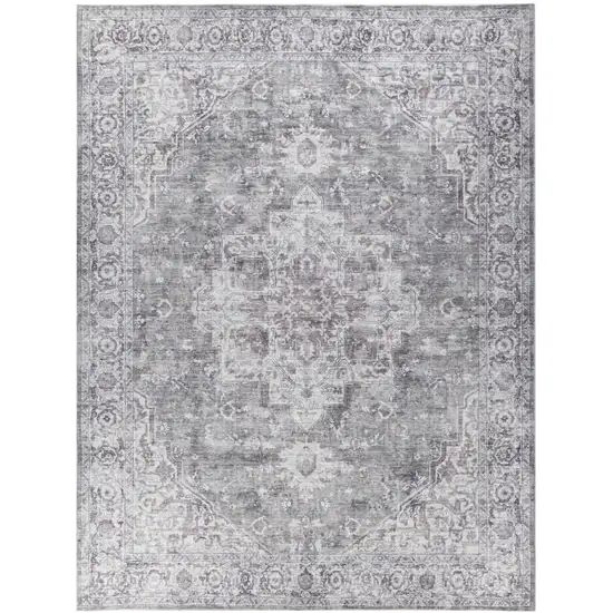 Gray and Ivory Floral Power Loom Distressed Washable Area Rug Photo 1