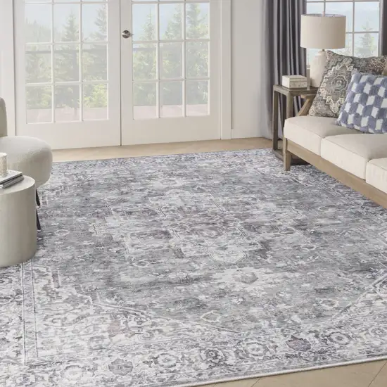 Gray and Ivory Floral Power Loom Distressed Washable Area Rug Photo 7