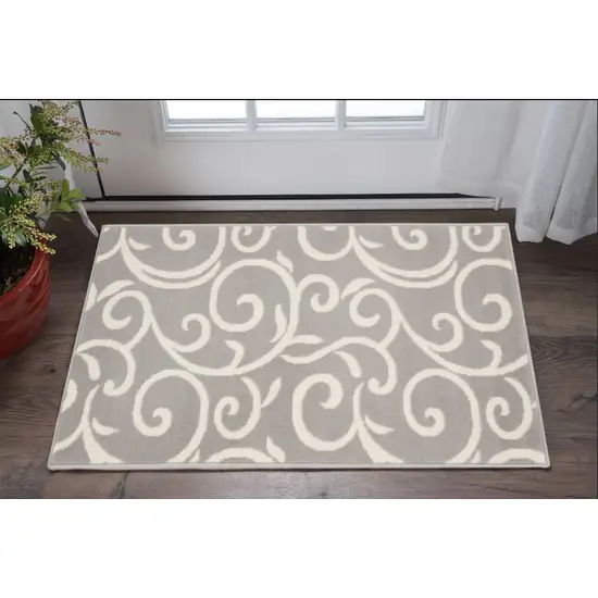 Gray and Ivory Floral Vines Power Loom Area Rug Photo 2